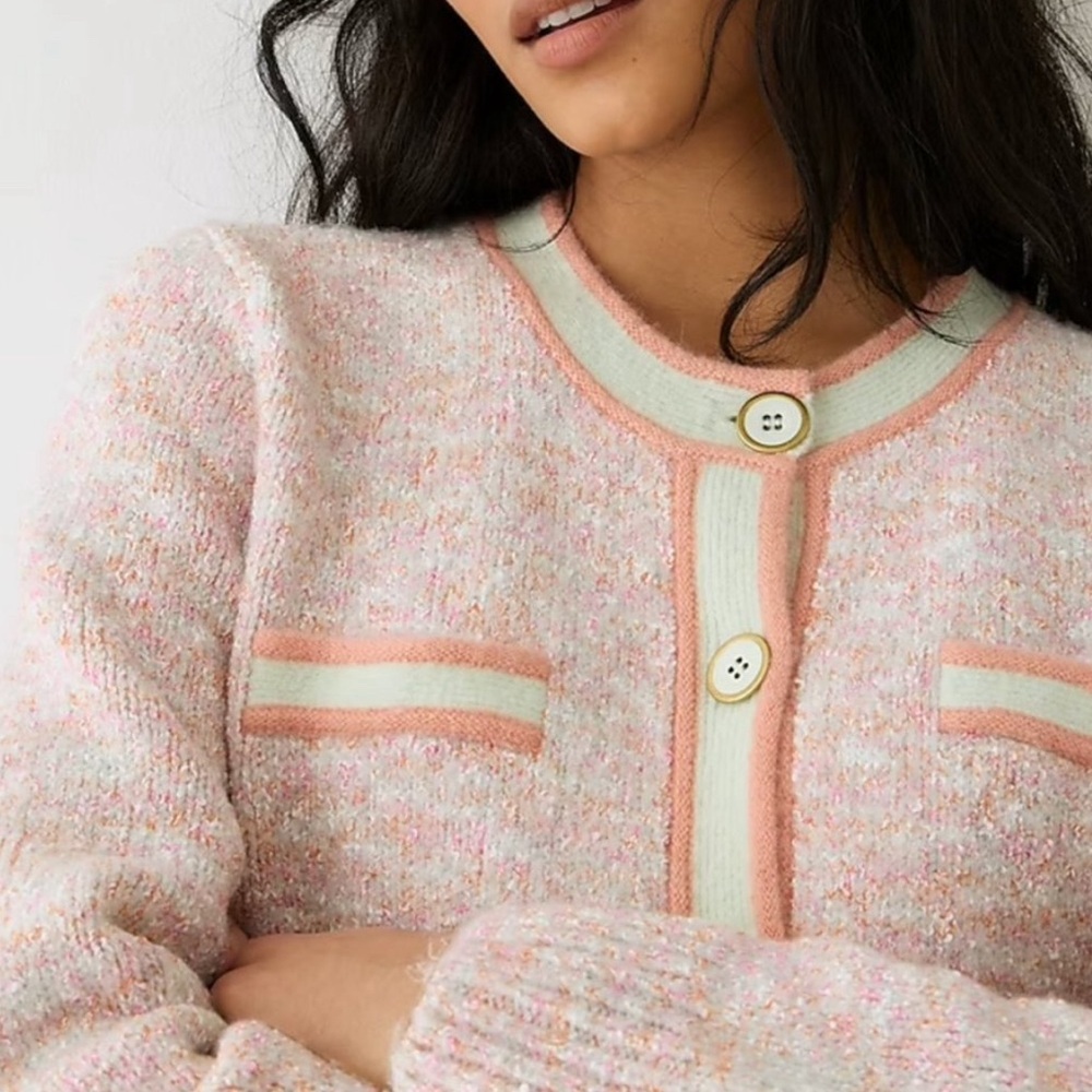 J. Crew Pink Bouclé Cardigan with Cream & Peach Trim - Picture 5 of 10